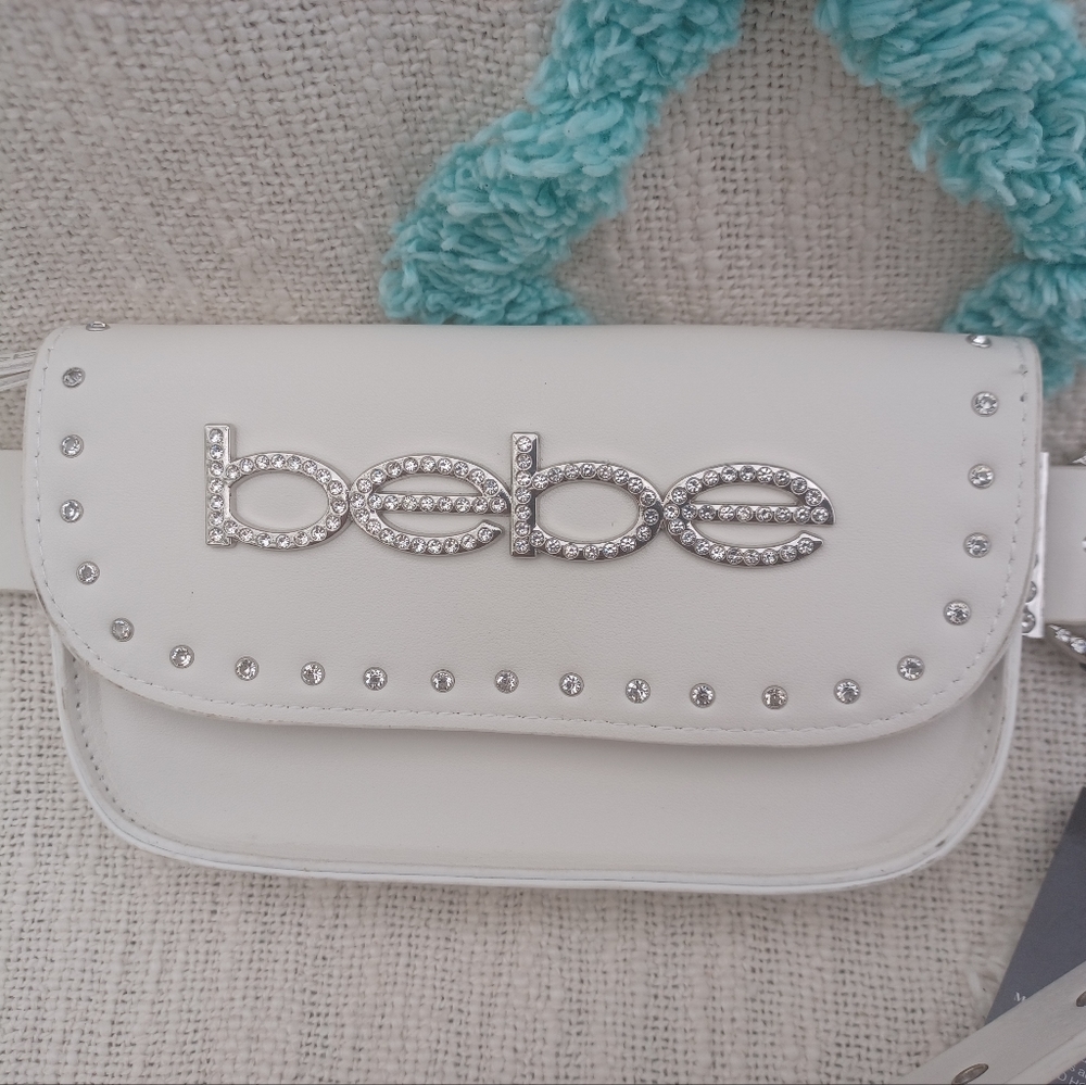 bebe White Studded Logo Crossbody Belt Bag - Picture 2 of 8